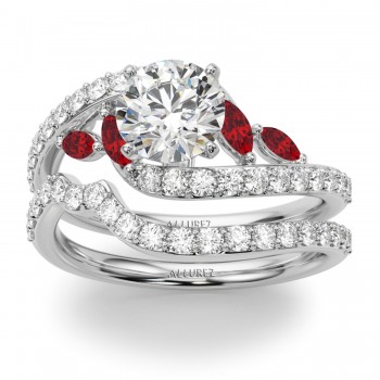 Swirl Design Lab Grown Diamond & Marquise Lab Ruby Bridal Ring Set in Palladium (0.96ct)